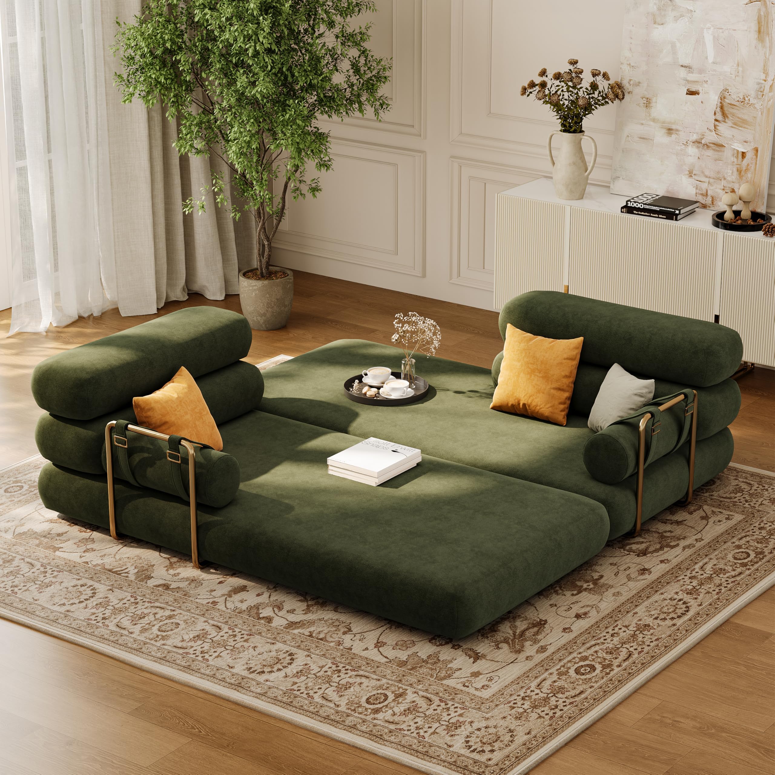 homary Velvet Futon Sofa Bed 81" 3-Seater Convertible Couch with Detachable Pillows, Stainless Steel Legs, Modern Sleeper Sofa for Living Room & Apartment (Evergreen)