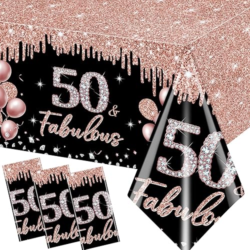 Decoración de mantel de cumpleaños 50, 3 manteles de color oro rosa y negro con purpurina para mujer, juego de funda de mesa de cumpleaños 50 para