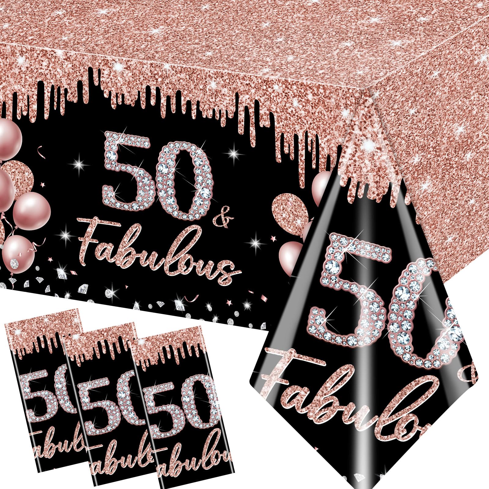 50th Birthday Tablecloth Decorations,3Pcs Rose Gold and Black Glitter Tablecloths for Women Set 50th Birthday Table Cover Rose Gold Table Cover for Women 50th Birthday Party Disposable Supplies