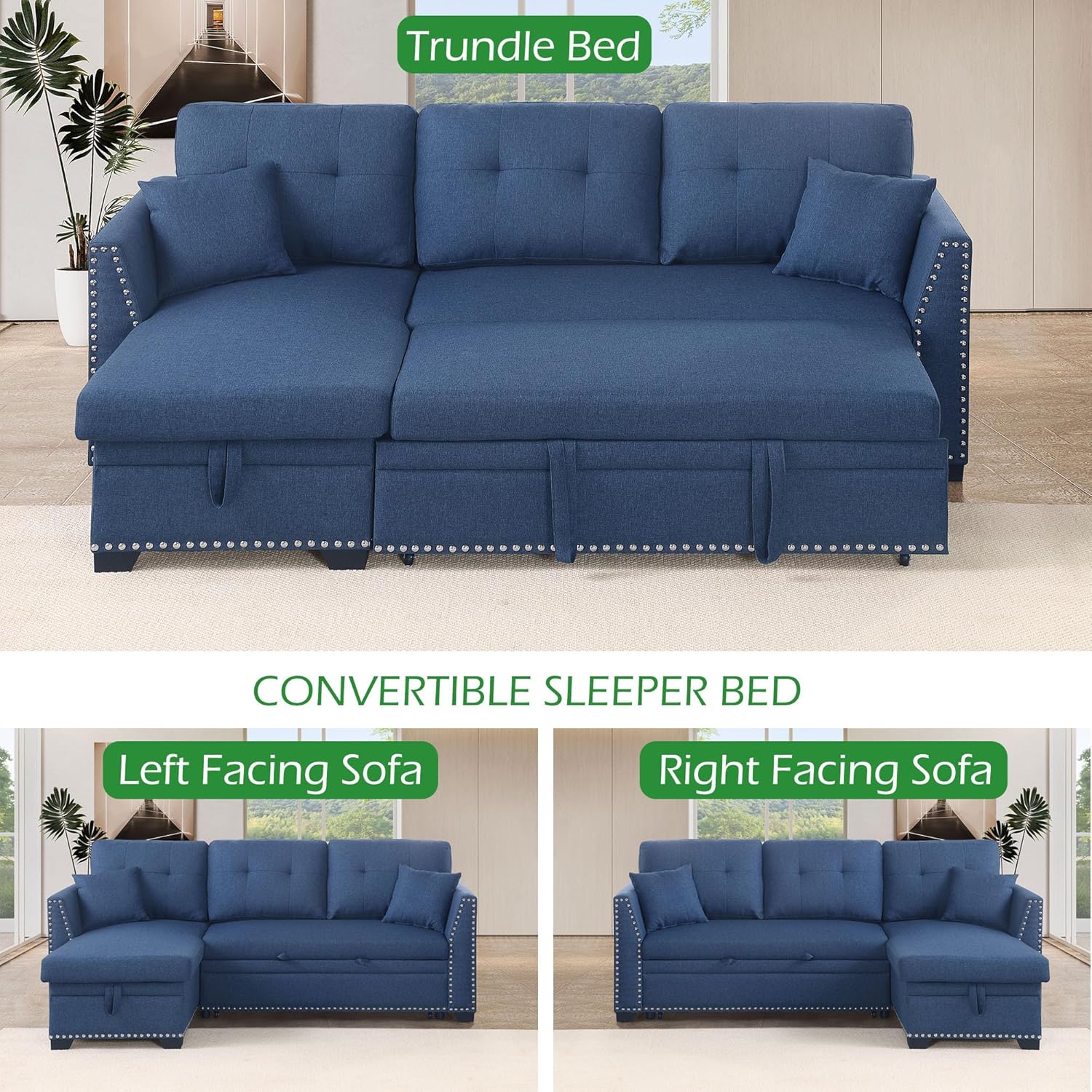 BEEY Sectional Sleeper Sofa with Pull Out Bed and Storage Chaise for Living Room (Blue2, L Shaped)