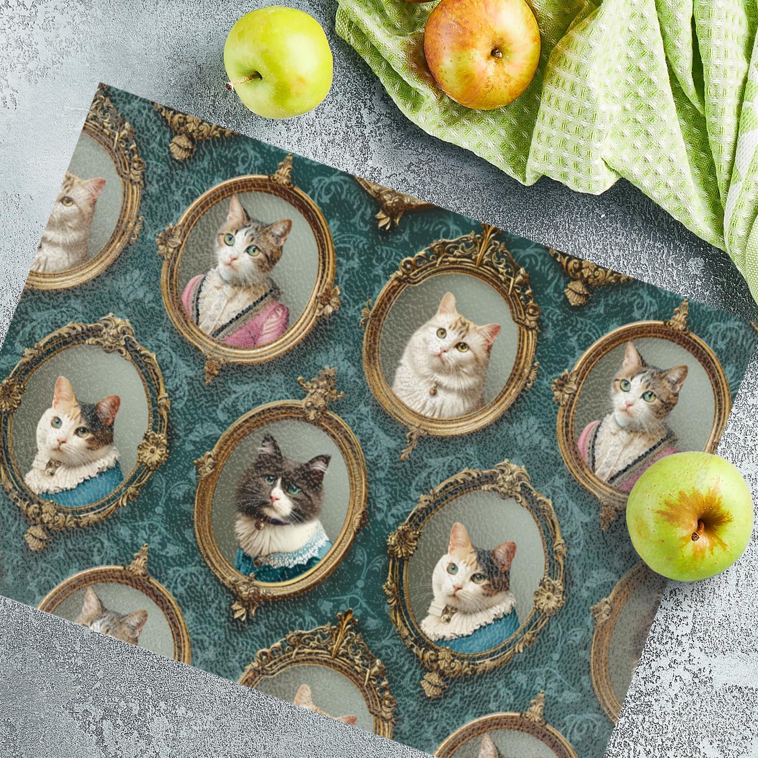 Textured Glass Chopping Board Worktop Saver for Kitchens, Durable Easy-Clean Scratch Resistant Hygienic Non Slip Feet, Vintage Cats Print Rectangular 39cm x 29cm — image 1