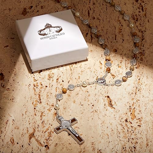 Miniatura 4 de Mondo Cattolico Rosario Perlas, Nuestro Padre Perlas Redondo Esmaltado Centro de Mesa y Crucifijo de San Benito - Rosarios Catolicos Rosario Collar