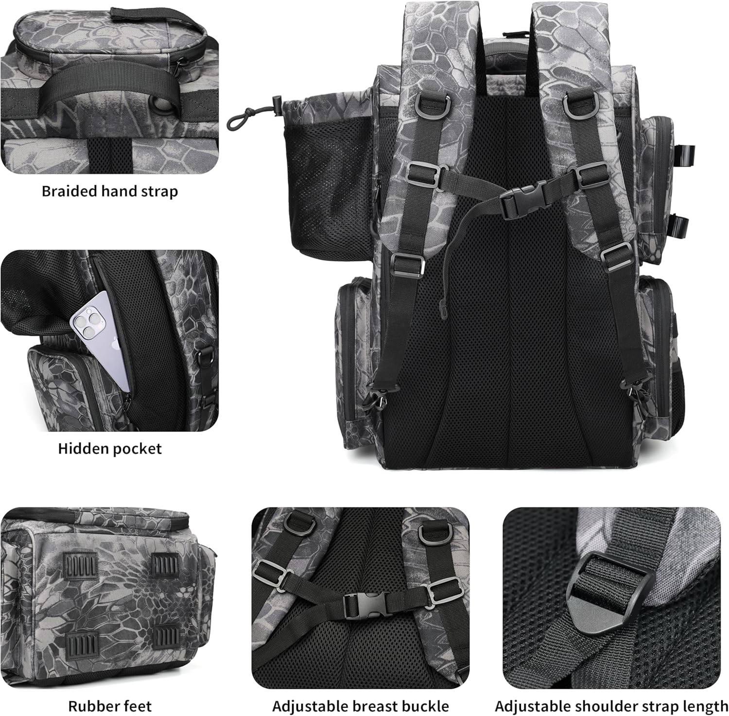 Rabjen Fishing Tackle Backpack with Rod Holders, Bottle Holder, Storage Bag Store Fishing Gear