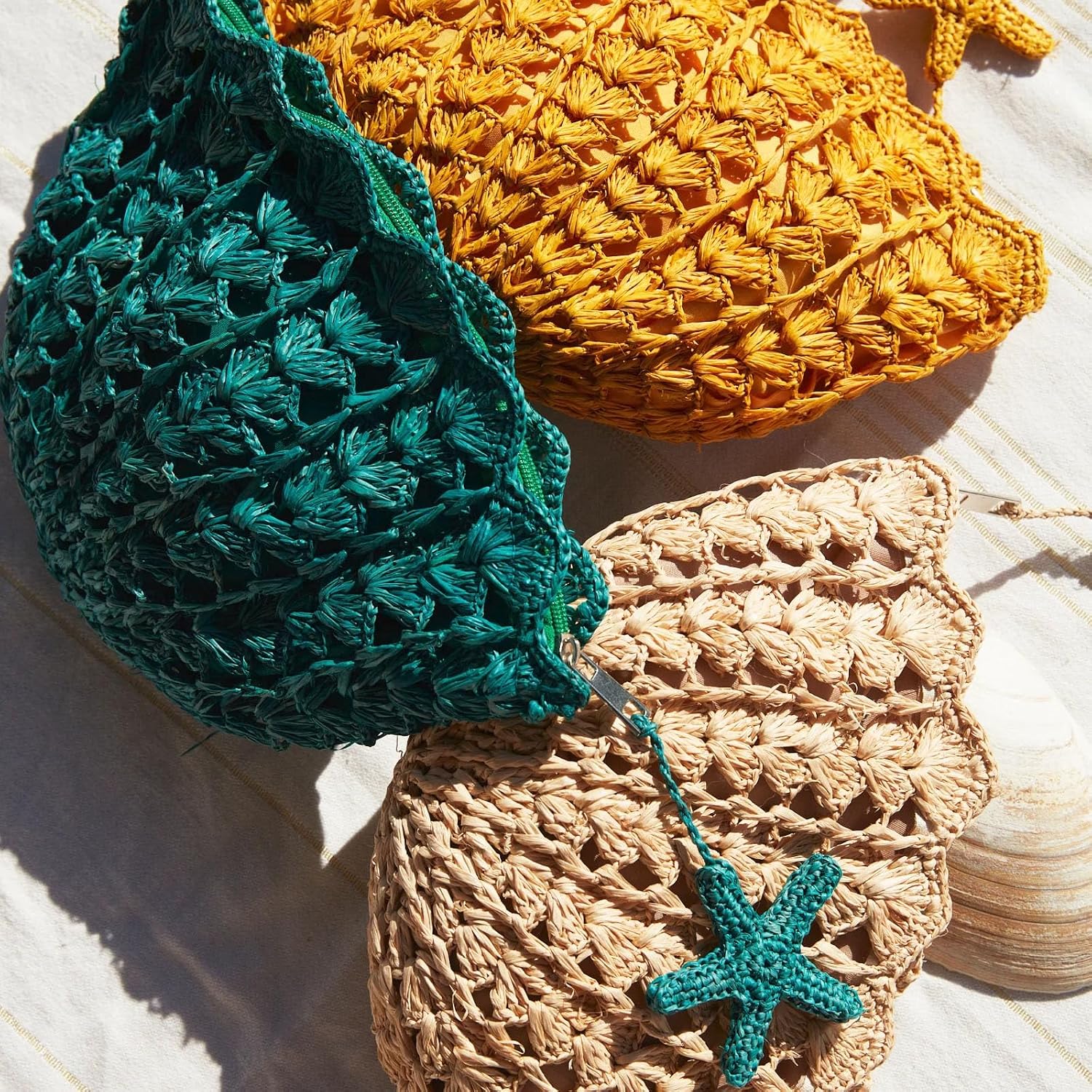 MAR Y SOL Shelley Seashell Clutch, Crocheted Raffia Straw, Starfish Charm, Multiple Colors