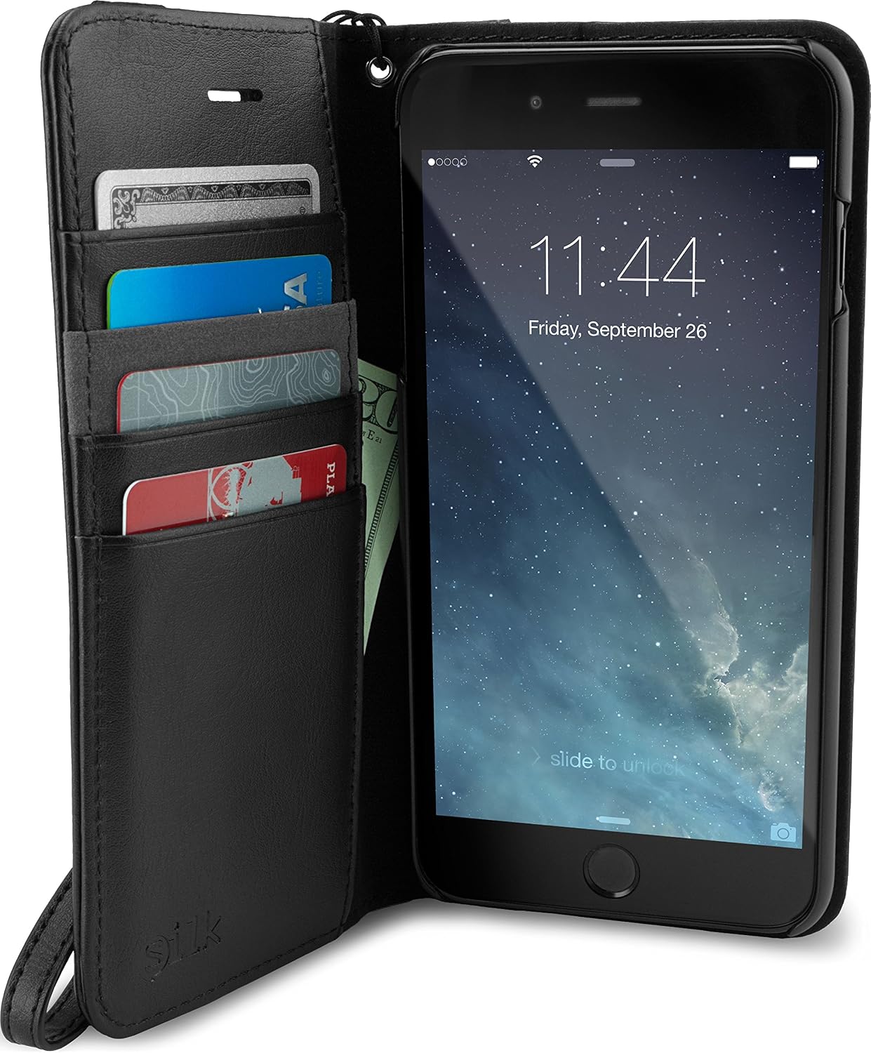 Smartish iPhone SE Wallet Case - Keeper of The Things - Folio Wallet Synthetic Leather Portfolio Flip Credit Card Cover with Kickstand for iPhone 7/8/SE (Silk) - Black Tie Affair