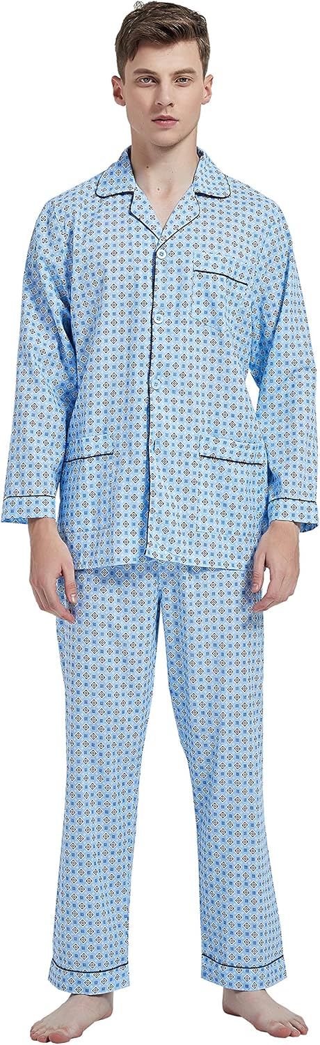 Men's 100% Cotton Pajama Set Long Sleeves Pjs Elastic High Waist Sleepwear - Image 2
