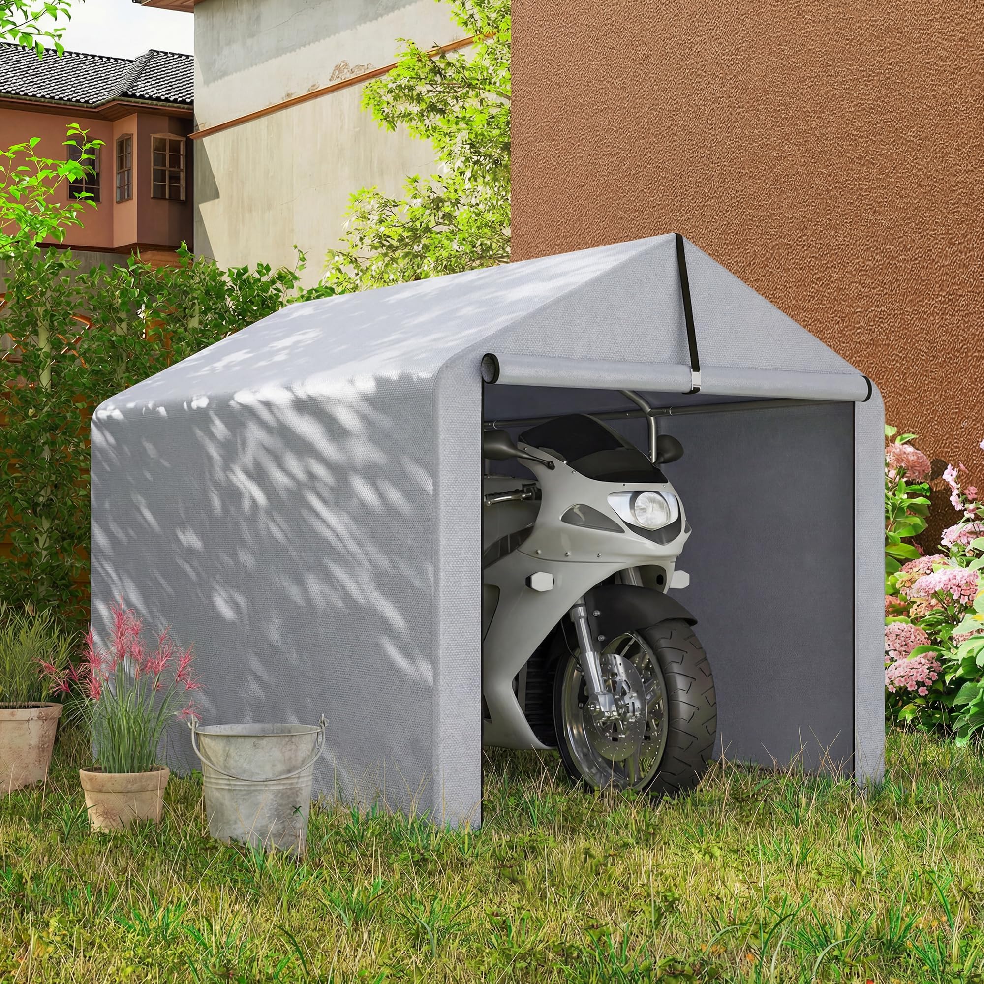 Outsunny Carpa de Jardín Exterior para Herramientas, Bicicletas, 1,6x2,2x1,6 m, Cobertizo Exterior con Marco de Acero Galvanizado, Puerta Enrollable, Impermeable, Anti-UV, Garaje Portátil, Gris