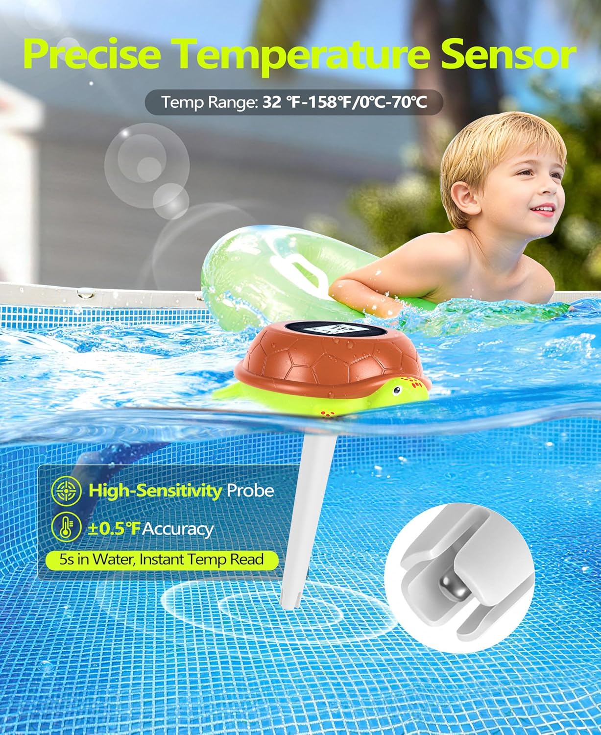 PoolLeader 2026 Solar Digital Pool Thermometer with Rope | Backlit LCD Display for Easy Read at Night | ±0.5℉ High Accuracy, 10s Fast Response | Turtle Pool Temperature Thermometer for Hot Tub, Spa