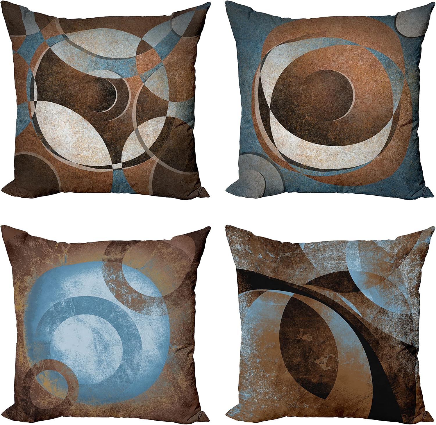 Ambesonne Retro Throw Pillow Cushion Case Pack of 4, Groovy Effect Geometric Design Circles Rounds Grunge Style Weathered Ornament, Modern Accent Double-Sided Digital Printing, 16", Cadet Blue Brown