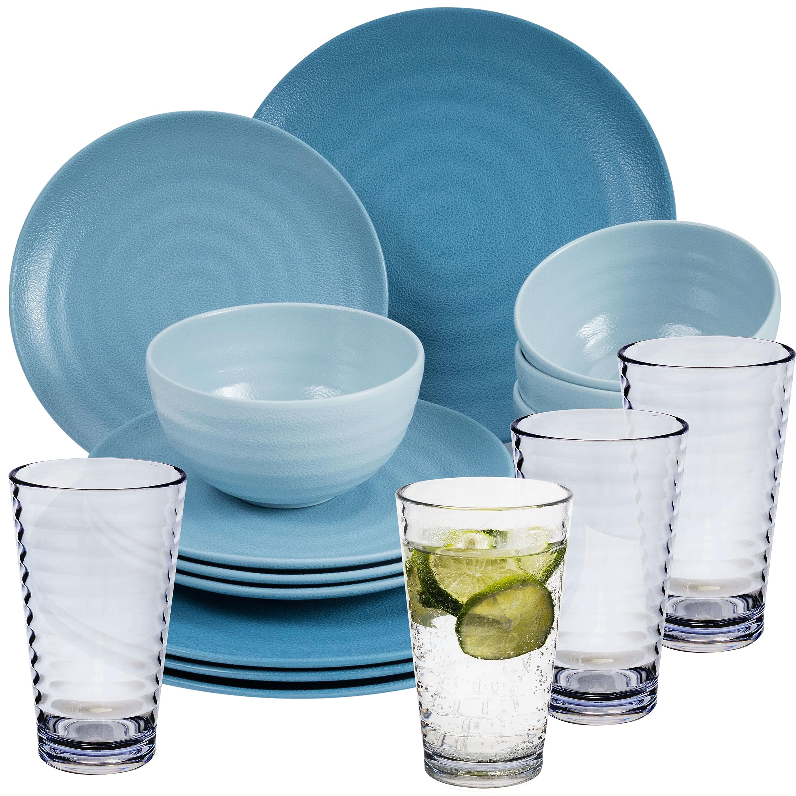 Melamin Geschirr Set 16 Teile elegante Steingut Optik blau mit 400ml klar 4