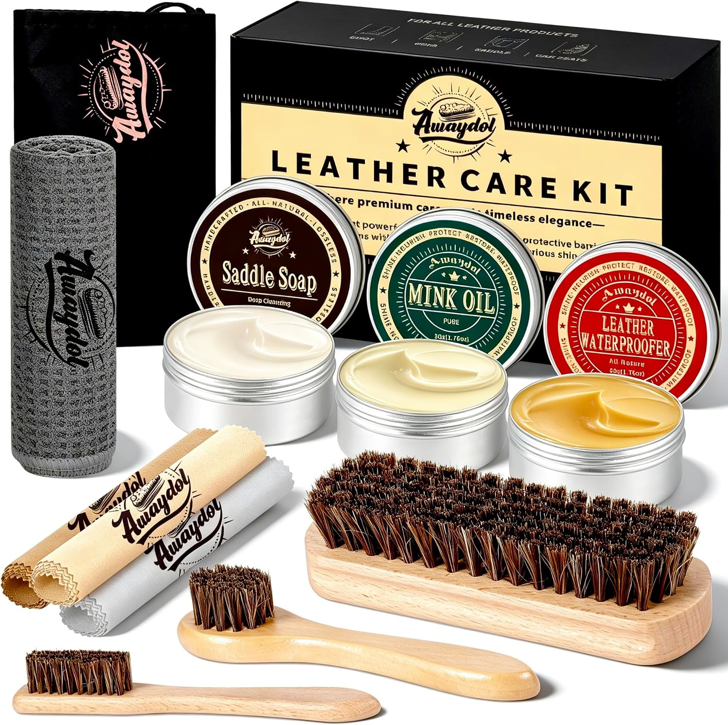 Kit de cuidado de cuero con 10 piezas para cuero, cepillos de caballo, jabón de silla, cera impermeabilizante, acondicionador de aceite de visón, paño de pulido, paño de microfibra, regalo para hombres, vaquero, esposo, papá