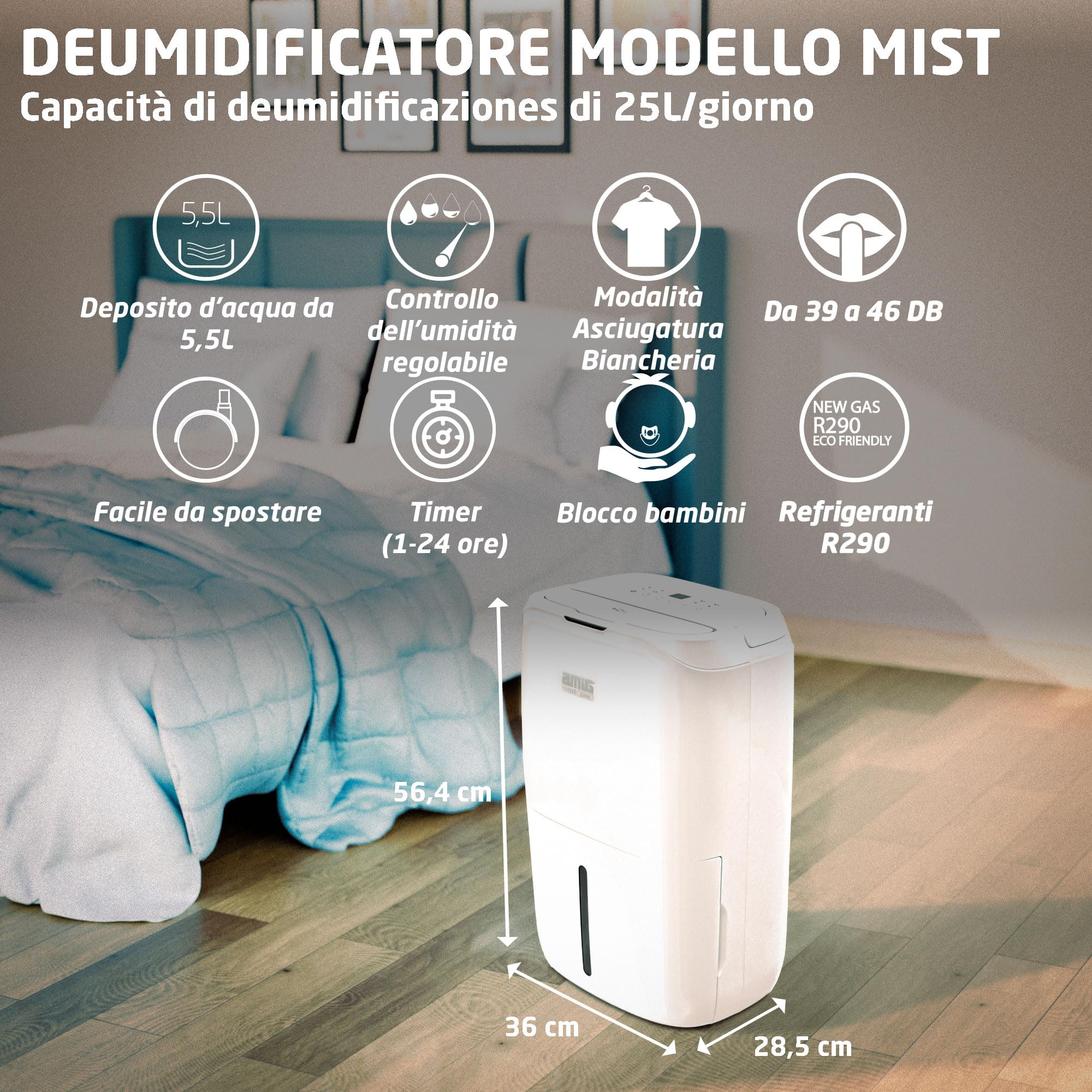 Amig Osuszacz powietrza MIST - Pojemność 25 l/dzień - Wysuwany zbiornik 5,5 l - Regulacja wilgotności i timer - 36 x 28 x 56 cm - 370 W - zasięg 170 m3/h - Cichy 46 dB - Suszenie ubrań