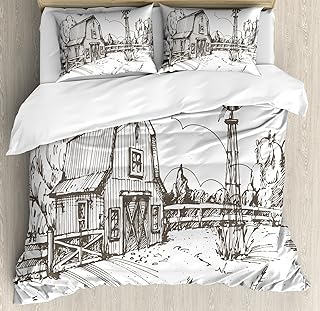 Ambesonne Windmill Duvet Cover Set, Rustic Barn Farmhouse Hand Drawn Illustration Countryside Rural Meadow, Decorative 2 Piece Bedding Set with 1 Pillow Sham, Twin Size, Taupe