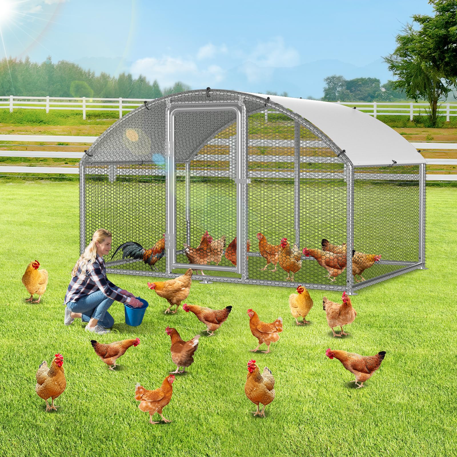 Gallinero 3x2x2m Gallinero para Gallinas Jaula para Aves Pequeños Animales Recinto Exterior con Techo Arqueado de PE y Estructura de Acero Galvanizado