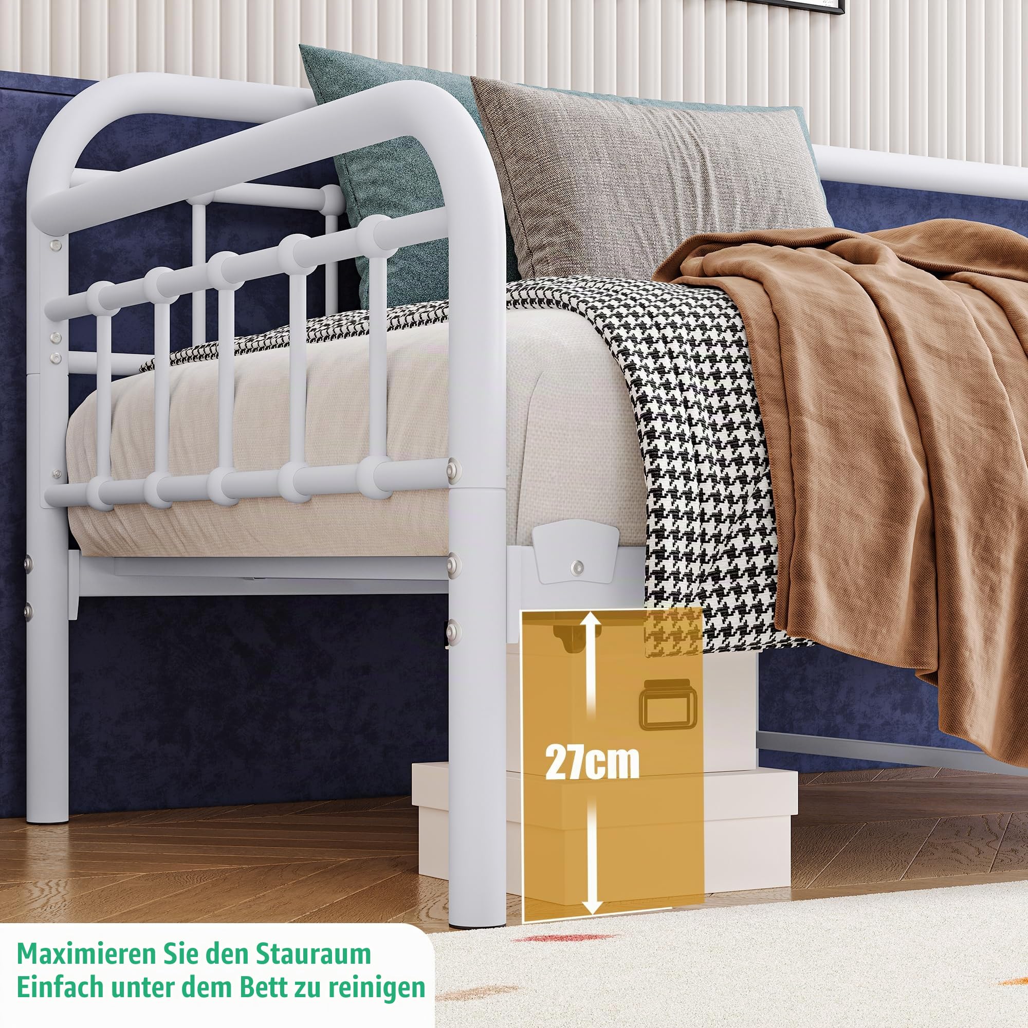 Tagesbett Bettgestell 90x190 cm, Robuste Stahl Plattformbett, Weiß | Metall Tagesbett 90x190 cm, stabile Stahlkonstruktion, robuste Latten, ideal als Gästebett für Schlafzimmer und Wohnzimmer