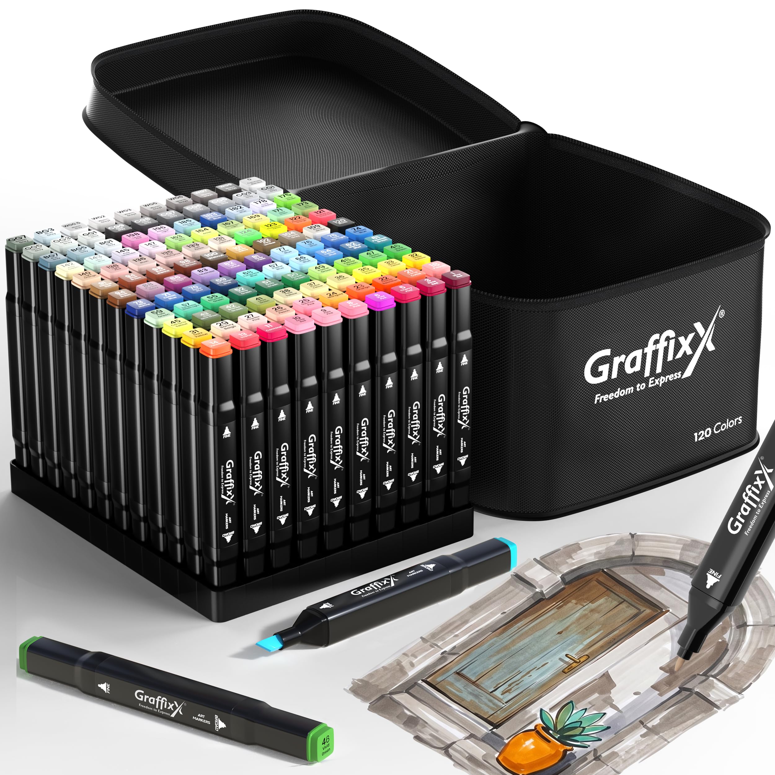 Alkohol-Marker-Set – 120 Farben, Doppelspitze, Kunstmarker zum Zeichnen und Illustrieren, nachfüllbares Marker-Set für Künstler – Malbuch für Erwachsene