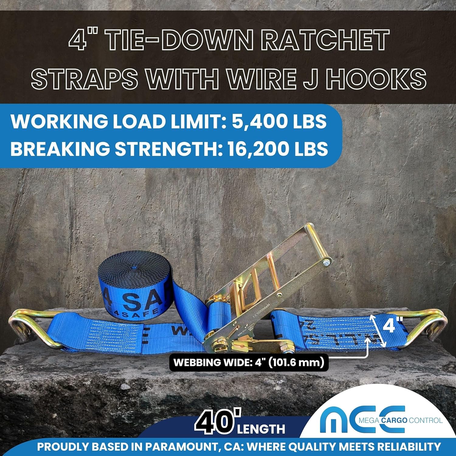 Mega Cargo Control 4" x 40' Heavy Duty Wire J Hook Ratchet Strap, Blue (2 Pack) Tie Downs 5400 Lbs WLL Cargo Securement, Hauling, Flatbeds, Trailers
