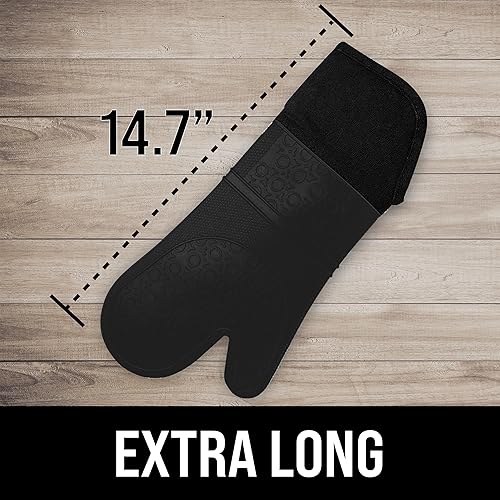Vista 2 de Guantes de horno de silicona con forro de algodón acolchado – profesional resistente al calor olla de cocina soportes – 1 par, Negro