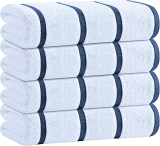 White Classic Oversized 30x60 Striped Navy Blue Cotton Beach Towels 4 Pack - Ultra Soft, Absorbent, Quick Dry Pool Towels