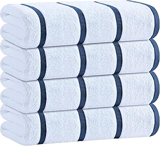 White Classic Cotton Pool Towels Oversized 30 x 60 Inches, Ultra Absorbent and Low Lint Striped Beach Towels for Adults, Stripes Design Luxury Extra Large Bath Towels, Navy Blue, 4 Pack