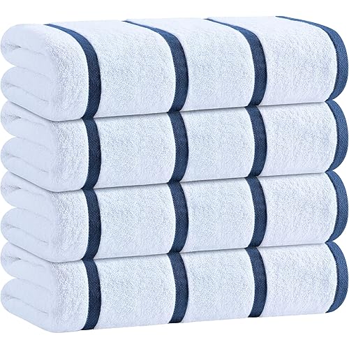 White Classic Cotton Pool Towels Oversized 30 x 60 Inches, Ultra Absorbent and Low Lint Striped Beach Towels for Adults, Stripes Design Luxury Extra Large Bath Towels, Navy Blue, 4 Pack