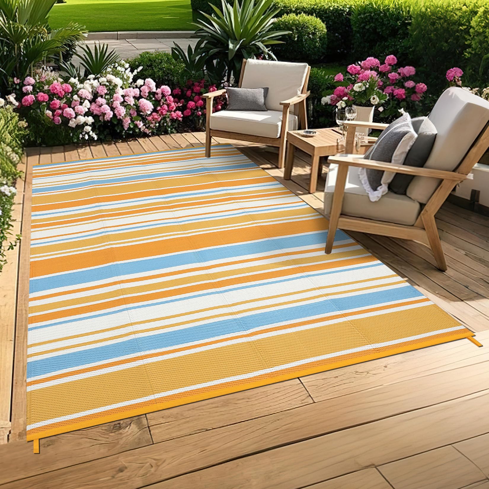 Tapis d'extérieurérieur Moderne et réversible – Résistant UV et imperméable, Paille Plastique, Facile à Nettoyer, idéal terrasse, Jardin, Plage, Camping – Bleu/Orange/Jaune/Blanc, 9x12ft