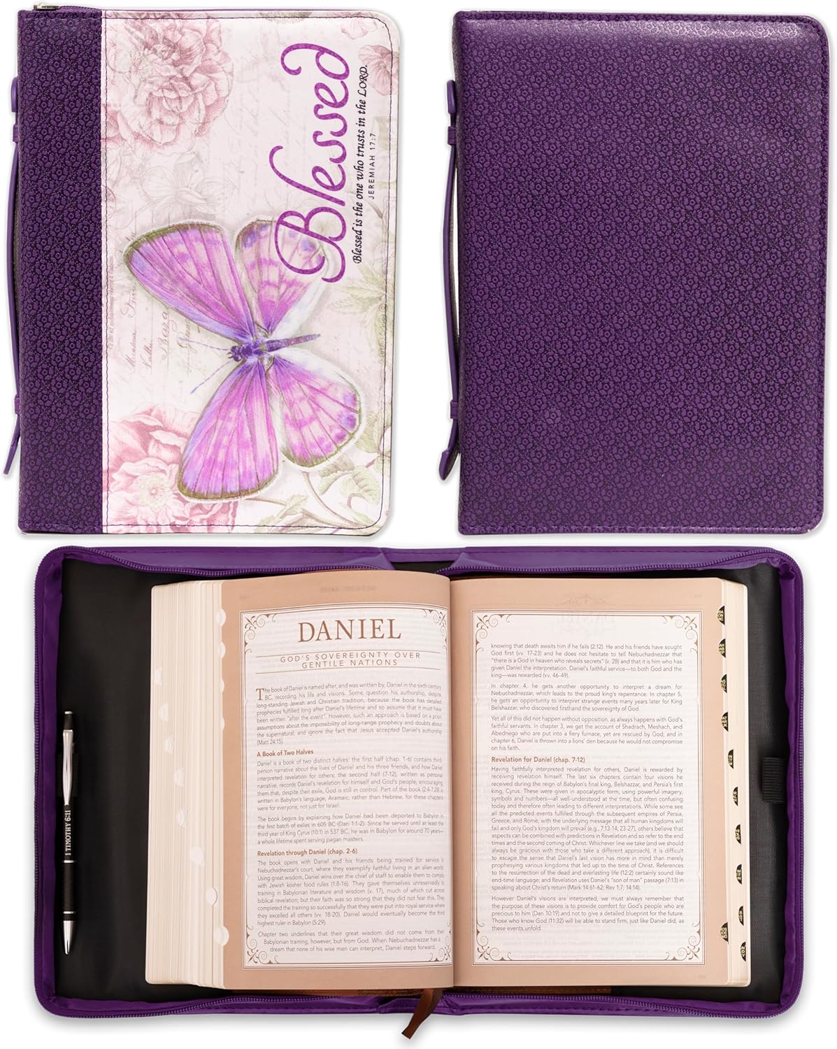 Christian Art Gifts Women's Fashion Bible Cover Blessed Butterfly Jeremiah 17:7, Purple Floral Faux Leather, Medium