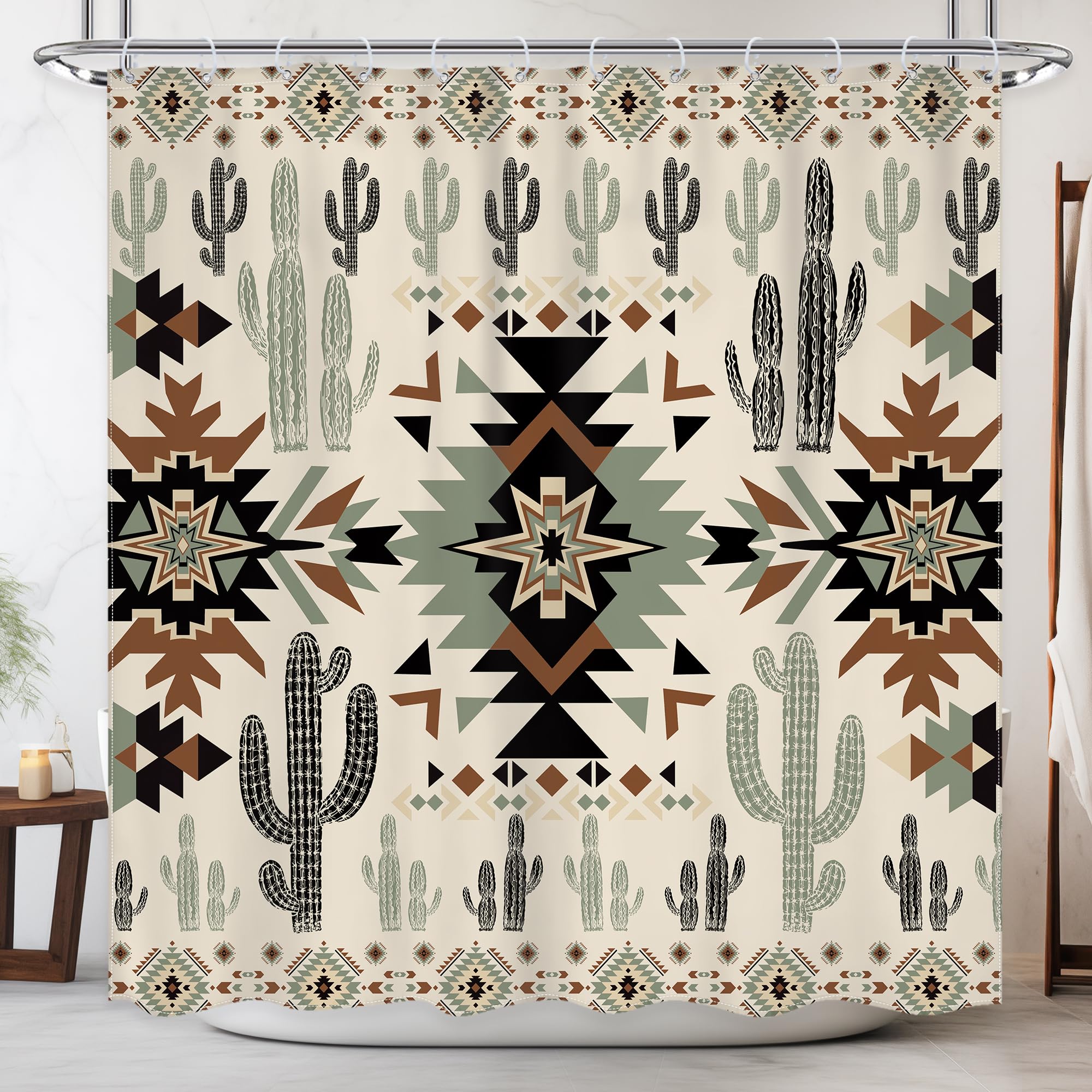 Newsely Western Shower Curtain 72Wx72H Inch Aztec Abstract Geometric Vintage Southwest Cactus Boho Tribal Geometric Ethnic Shower Curtain Bathroom Set