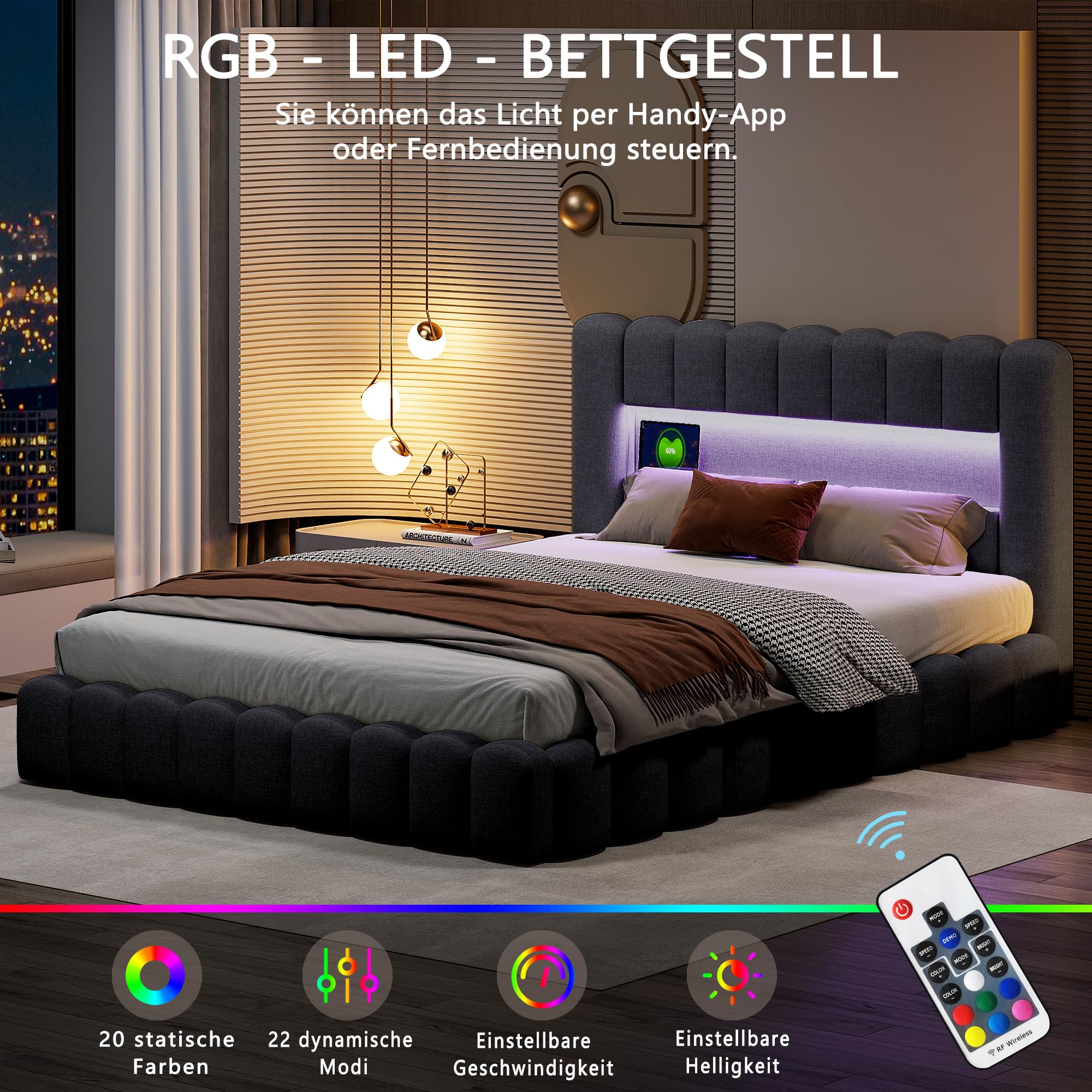 Storage Bed 180 x 200 cm, Bubble Double Padded Bed with LED