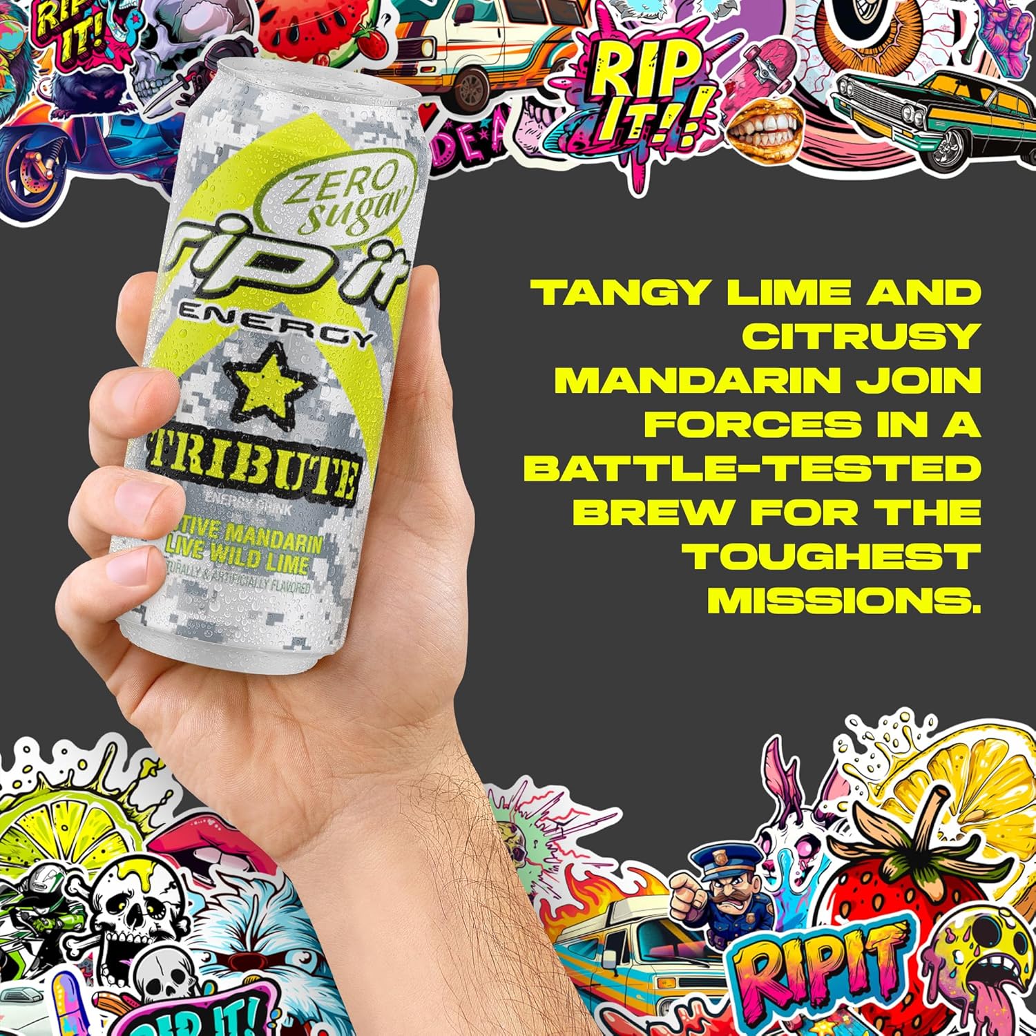 Rip-It Energy Drink | Tribute Zero Sugar | Mandarin Lime Flavor | 12-Pack (16oz Cans) | 160mg Caffeine | Sugar Free | No Crash | Hardcore Energy That Rips!