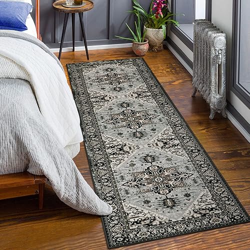 Miniatura 4 de Lahome Alfombra bohemia oriental negra  2 x 8 pies para pasillos, alfombra lavable de camino de cocina, antideslizante, ultrafina, alfombra para