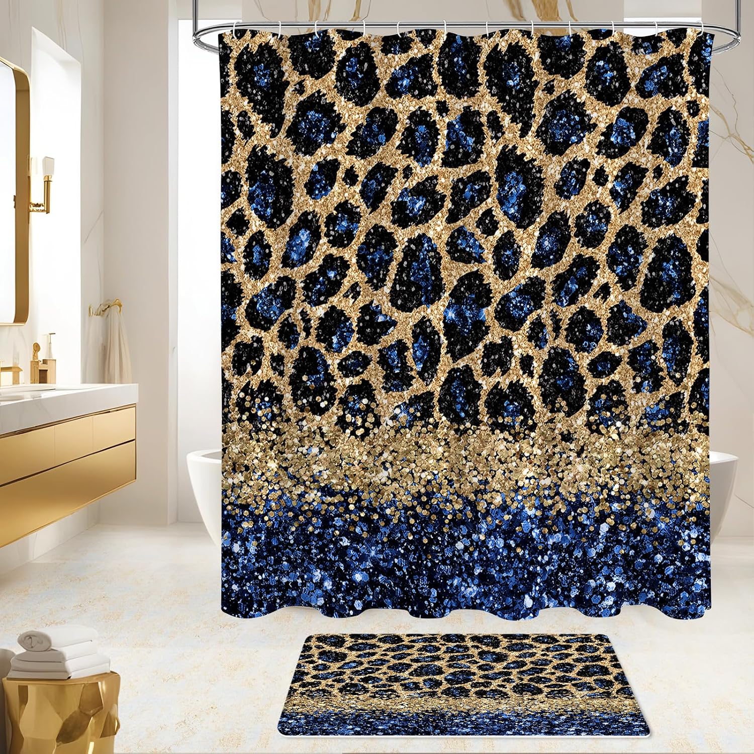 Litabel 4 Pcs Navy Leopard Print Shower Curtain Set with Non-Slip Rugs, Toilet Lid Cover and Bath Mat, Wild Animal Skin Bathroom Decor Set with Shower Curtain and Rugs(Hooks Not Included)