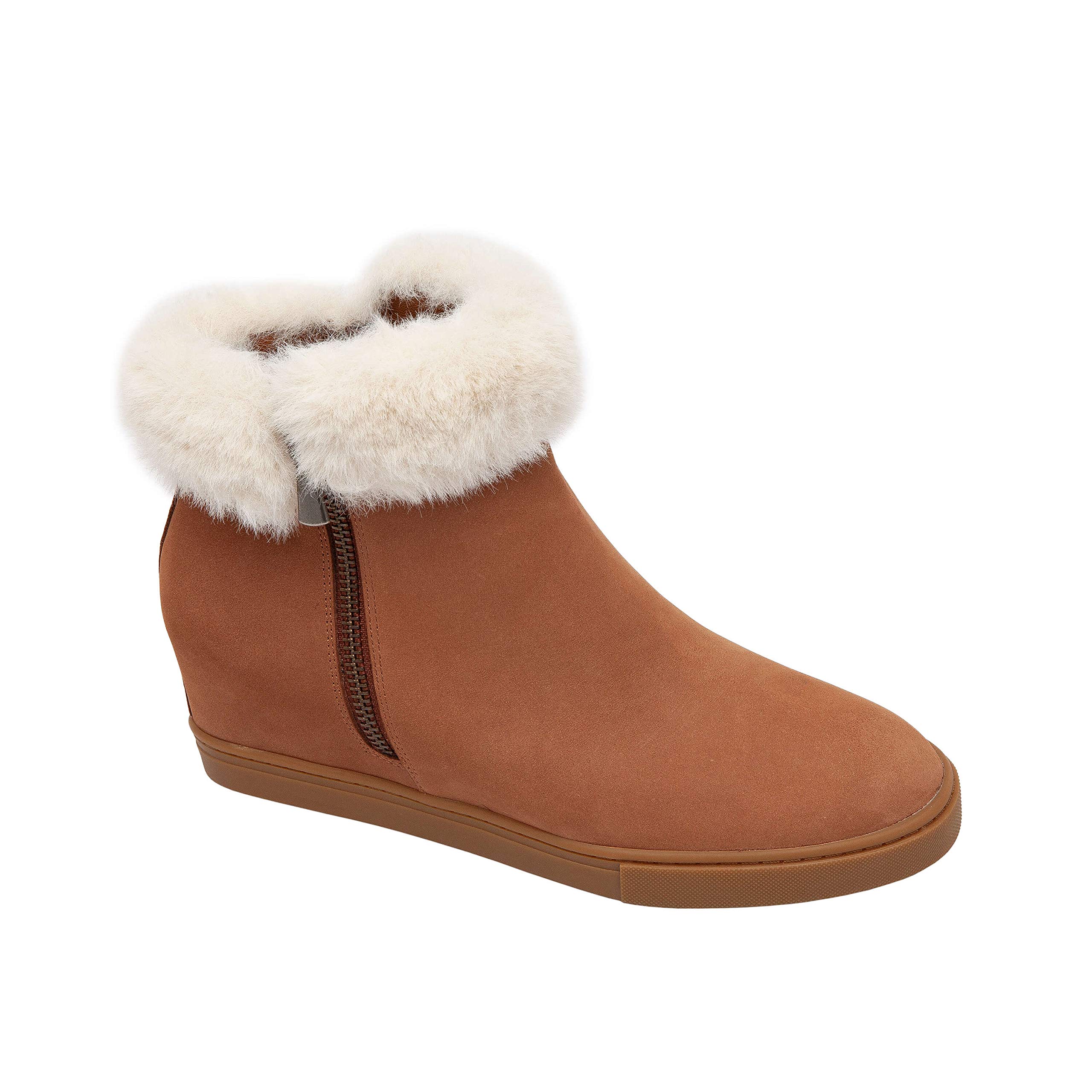 Linea Paolo Flossie - Faux Fur Cuff Mid Height Wedge Booties Coconut/White Nubuck/Faux Fur 9M
