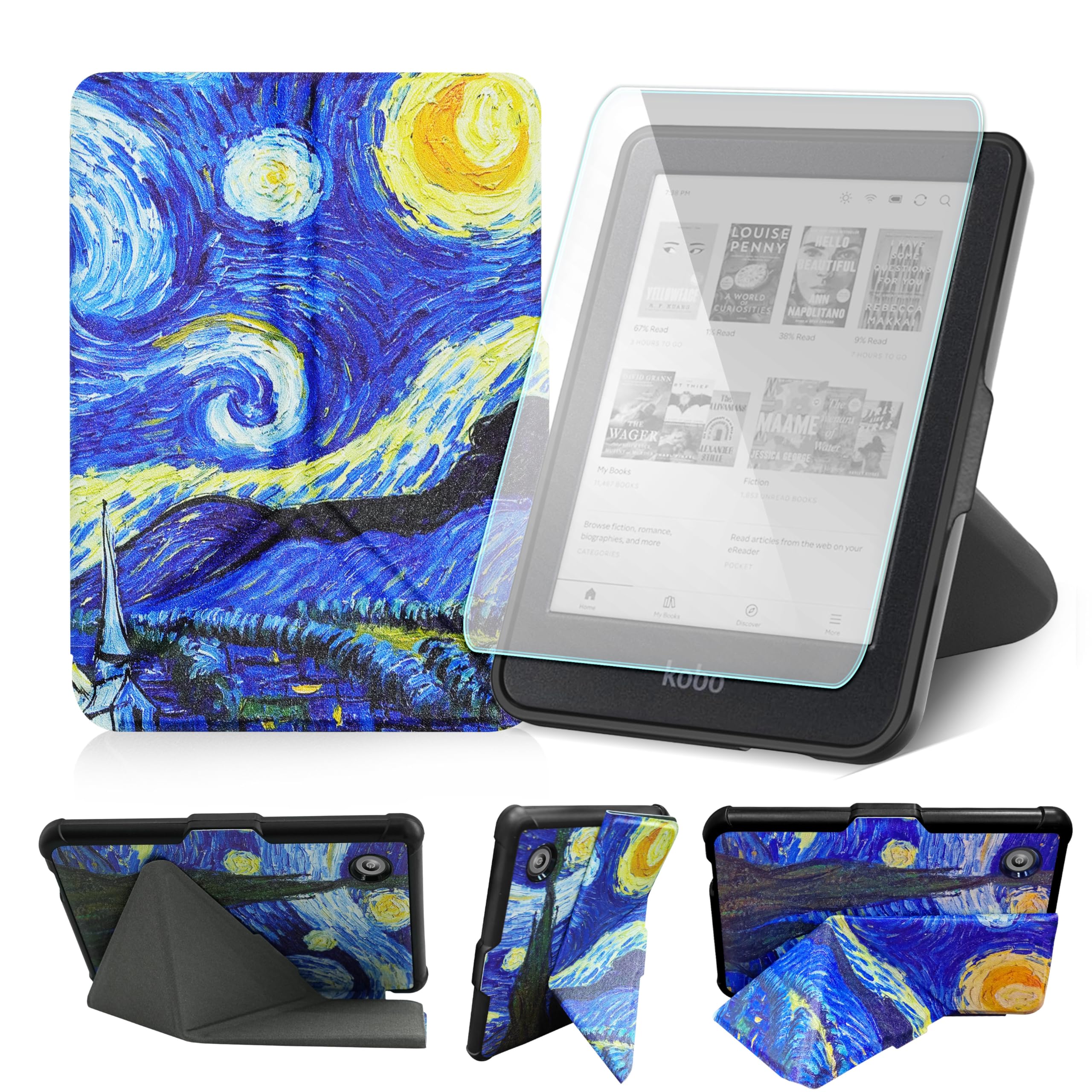 Case for 6" Kobo Clara Colour/BW/2E Ereader, Includes a Screen Protector - 6 Inch Premium PU Leather Cover with Auto Sleep/Wake (Starry Night, 6 icnh)
