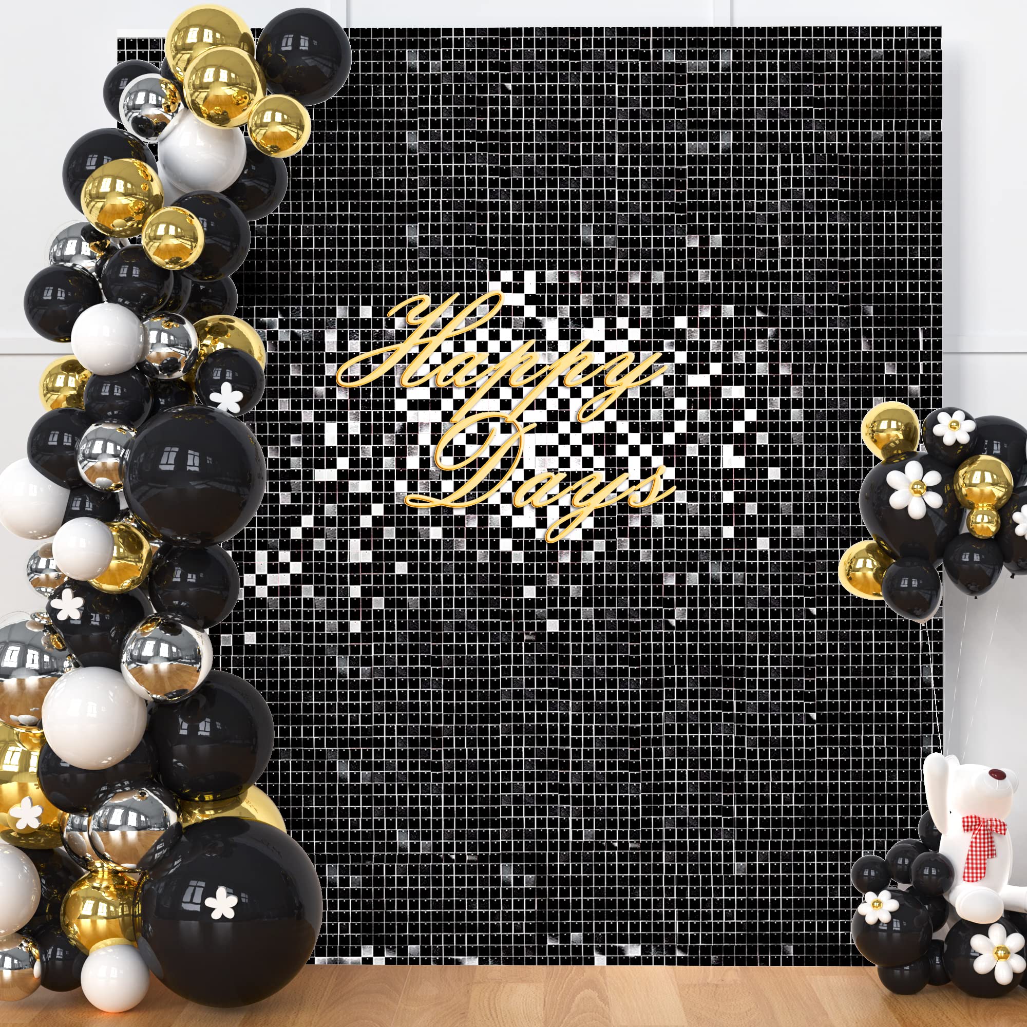 Photo 1 of HYzgb Shimmer Wall Backdrop Black Square Sequin Wall Panel Backdrop 30 Pcs for Birthday Party Wedding Decorations 30 Pcs Black