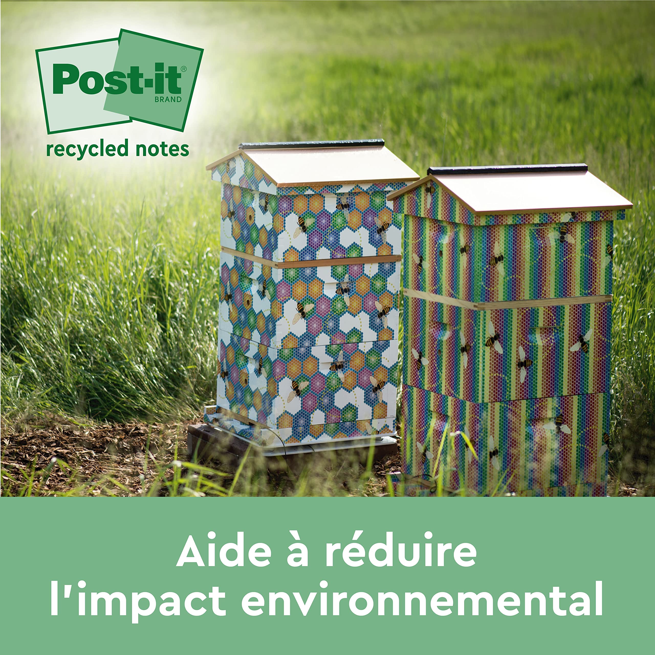 Post-it Notes Autocollantes, Recyclés, Pack de 16 Blocs, 100 Feuilles par Bloc, 76 mm x 127, Vert, Rose, Bleu, Jaune - Notes Autocollantes Fabriquées à partir de Papier 100% Recyclé