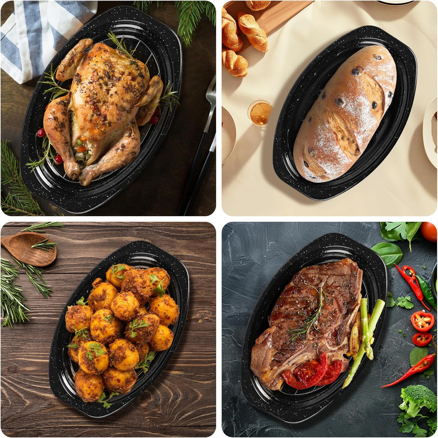 13” Roaster Pan with Lid and Rack, Small Enamel Roaster Pan with Oval Roasting Rack, Granite Baking Pot for Chicken Turkey Lamb, Heat Resistant, Oven/Dishwasher/All Stovestops Compatible - Image 7