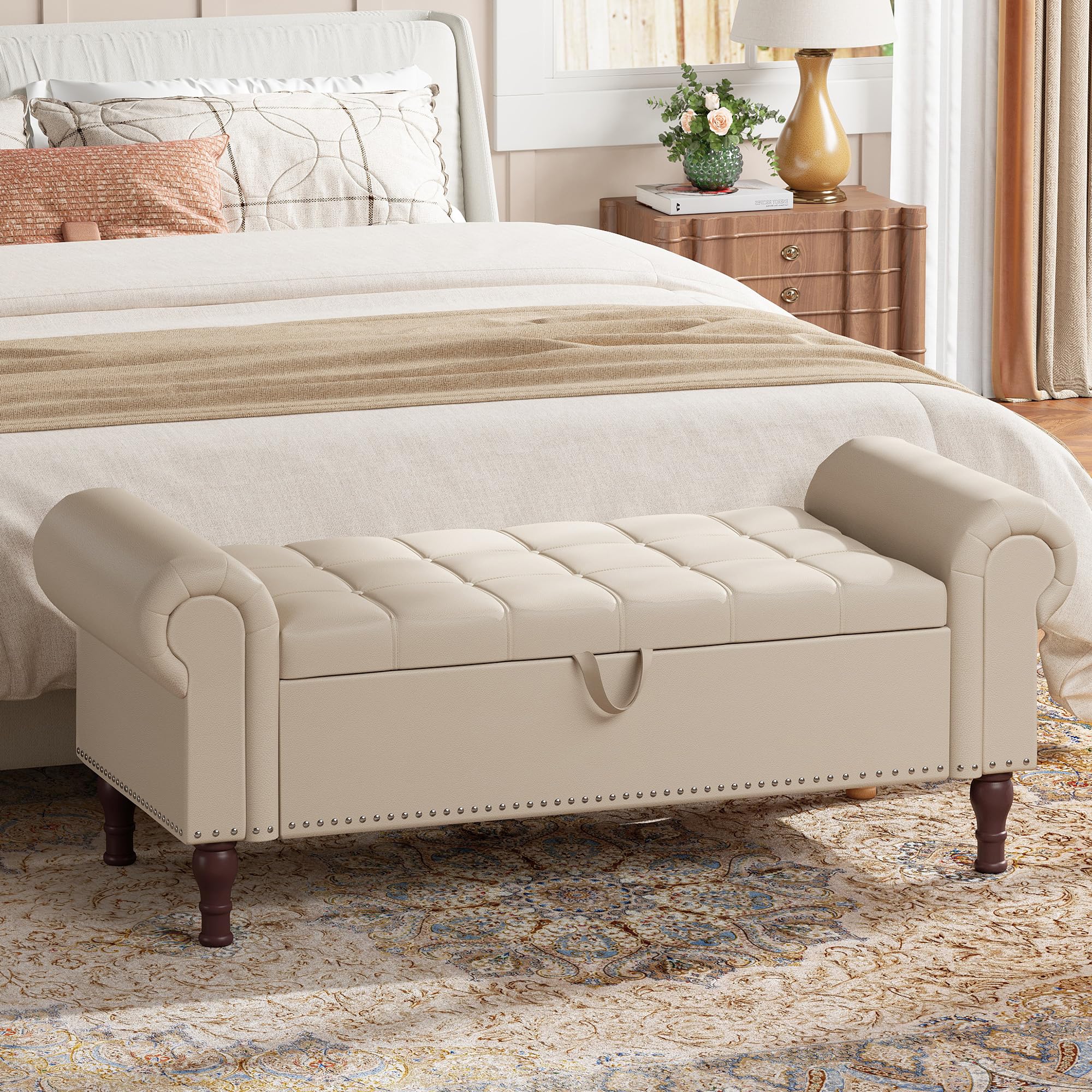 YOUDENOVA 51" Bench for Bedroom End of Bed, PU Leather Storage Ottoman Bench with Tufted Button, Upholstered Bench Chest with Rolled Arms for Living