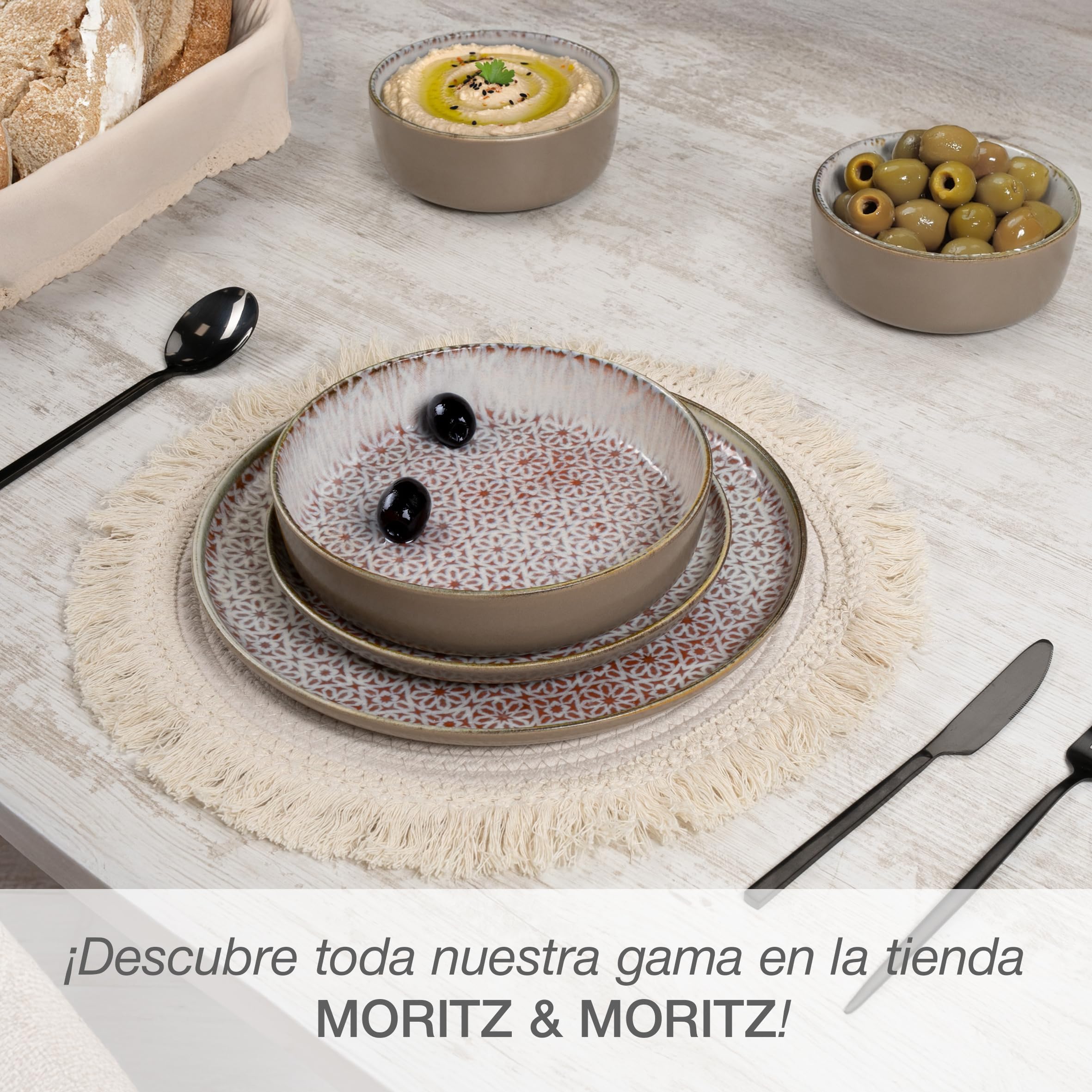 Moritz & Moritz ALHAMBRA - Vajilla para 6 personas, 18 piezas, de porcelana de alta calidad, moderna vajilla en mousse, fácil cuidado, juego de 6 platos llanos, platos de postre y cuencos