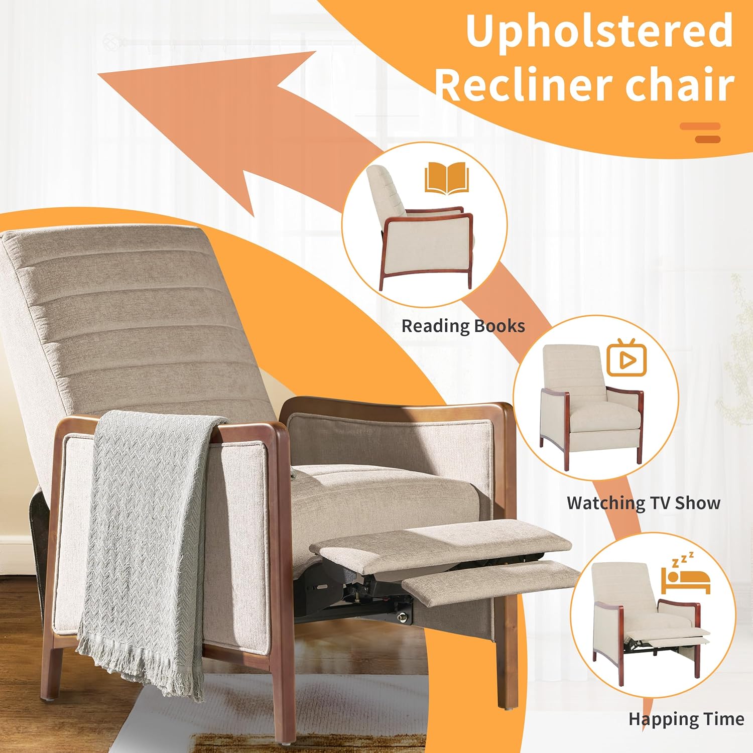 Push Back Recliner Chair, Upholstered Accent Chair Recliners with Thick Seat Cushion and Backrest Small Recliners for Small Spaces Living Room, Home Theater