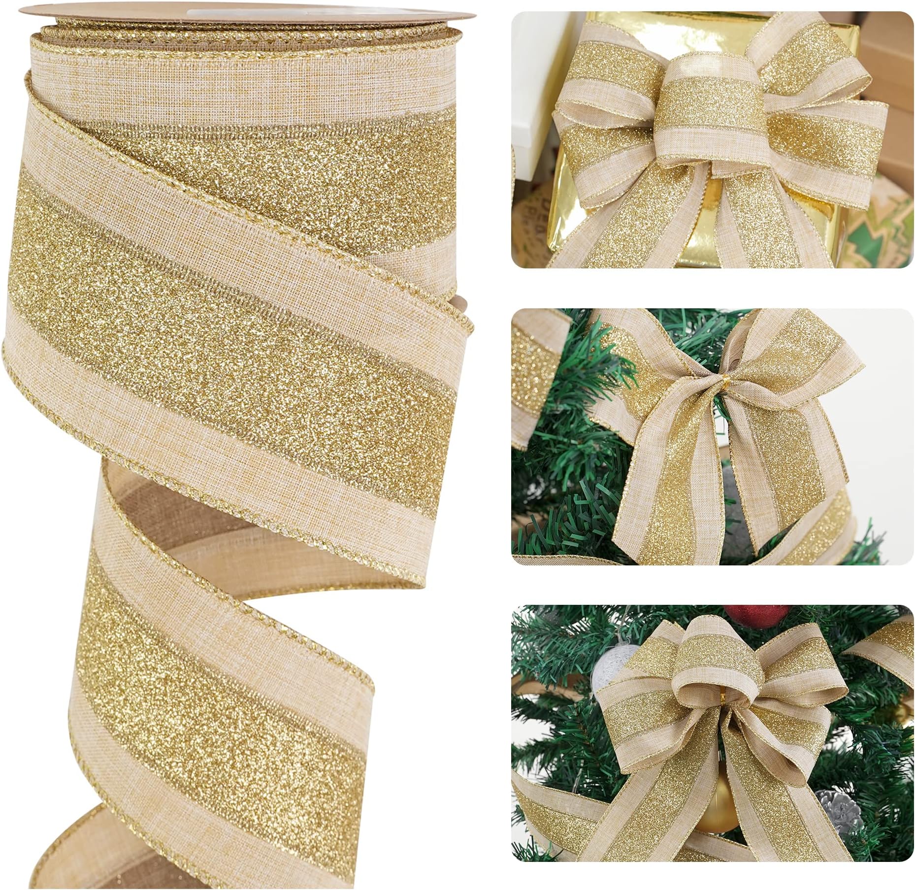HUIHUANG Faux Jute Wired Gold Glitter Ribbon for Christmas - Rustic Wreath, X-mas Tree, Bows, Garland, Gift Baskets, Wrapping, Home Decor Crafts - 10 Yards x 2.5 Inch