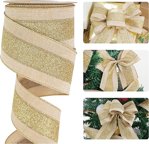 HUIHUANG Cinta de yute sintético con alambre de Navidad, cinta de purpurina dorada rústica para árbol de Navidad, coronas, lazos, guirnaldas, cestas
