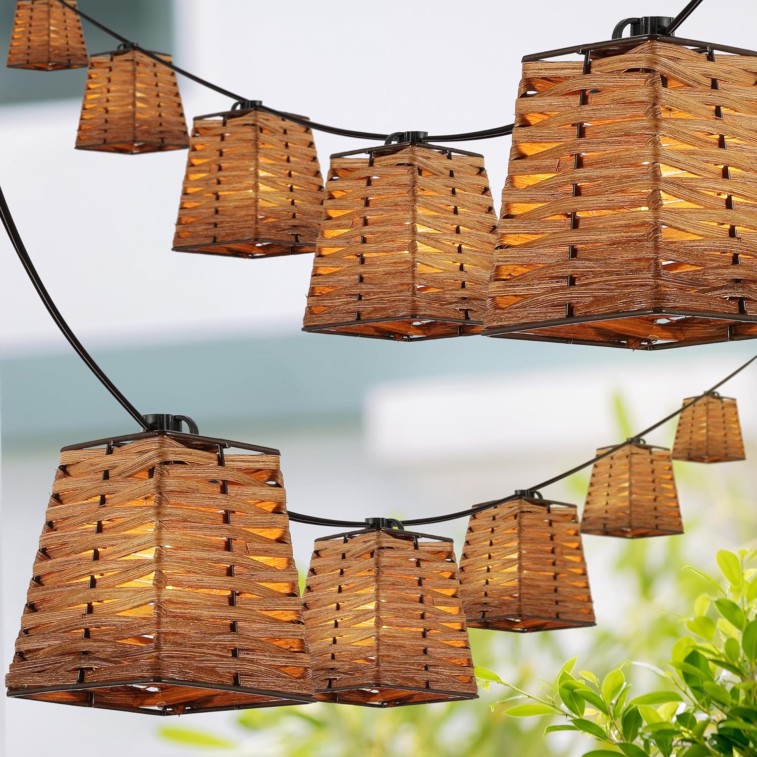 JONATHAN Y 10' Brown 10-Light Bamboo Square String Lights, Classic Vintage Indoor/Outdoor Geometric Lanterns for Patio Deck Porch, Coastal Farmhouse, LED Bulbs Included JYL8707A
