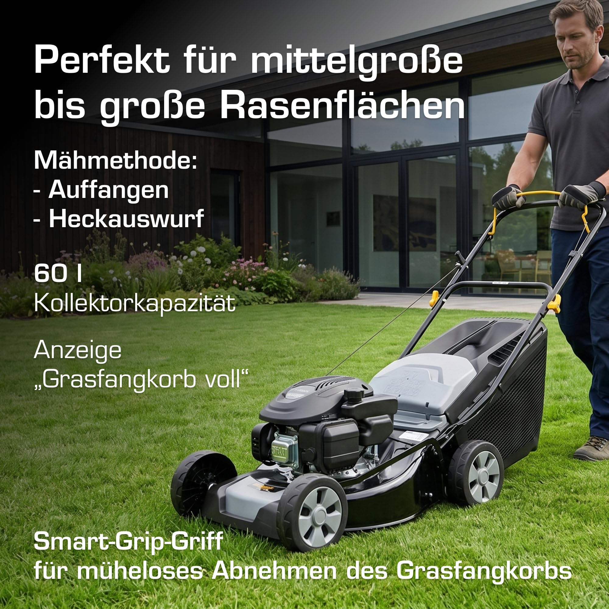 Alpina AL4 46 A Benzin-Rasenmäher, 125 cm³, 46 cm – Fangkorb 60 l, Zentrale Schnitthöhenverstellung (6 Stufen) – Rasenflächen bis 1.200 m²
