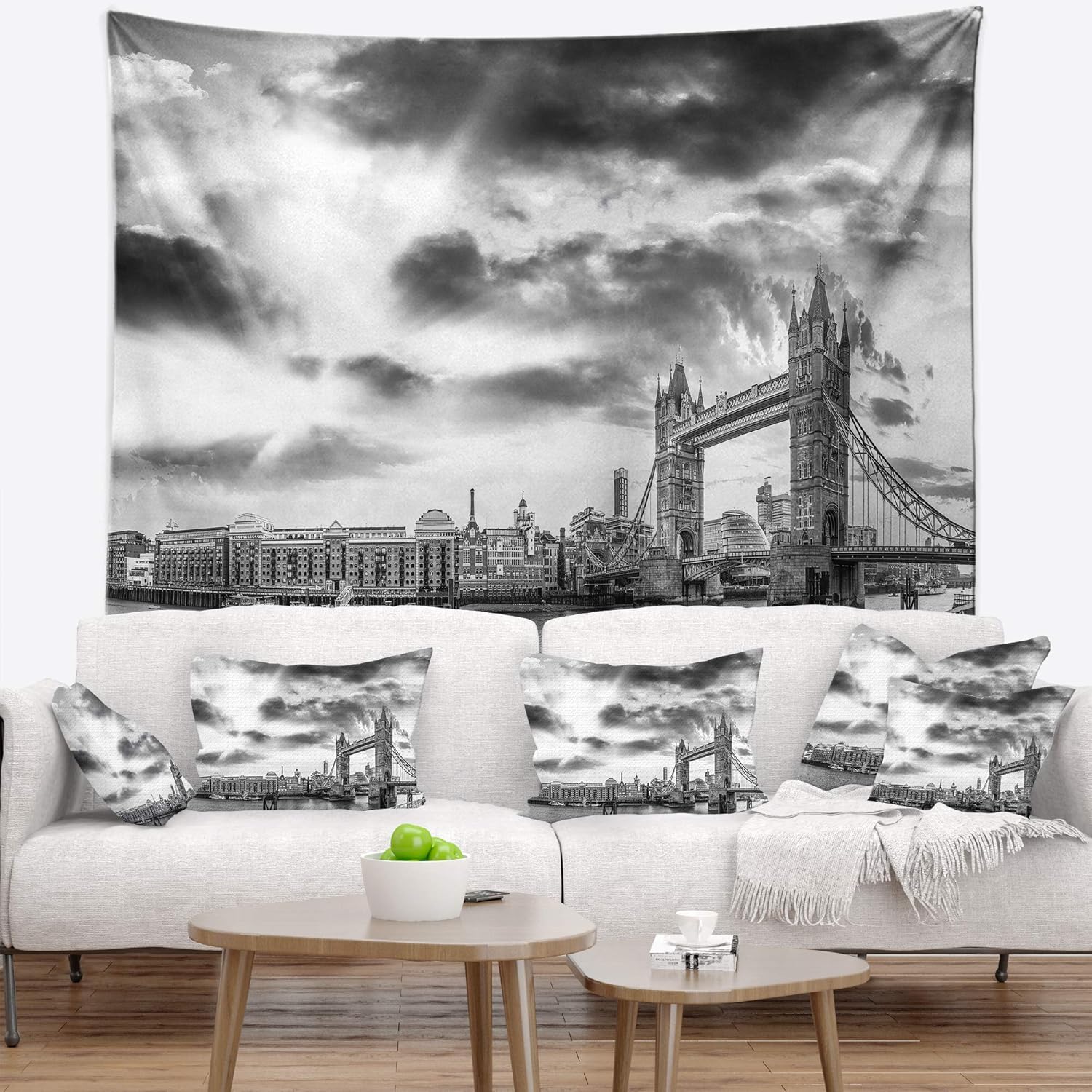 Designart ' Black and White View of London Panorama' Cityscape Tapestry Blanket Décor Wall Art for Home and Office, Created On Lightweight Polyester Fabric x Large: 92 in. x 78 in