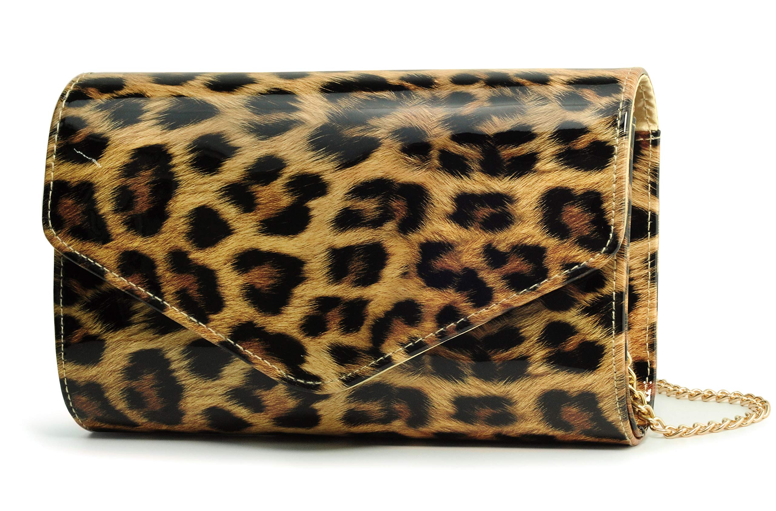 HoxisLeopard Evening Handbag Women Envelope Clutch Patent Leather Glossy Purse with Shoulder Chain Strap