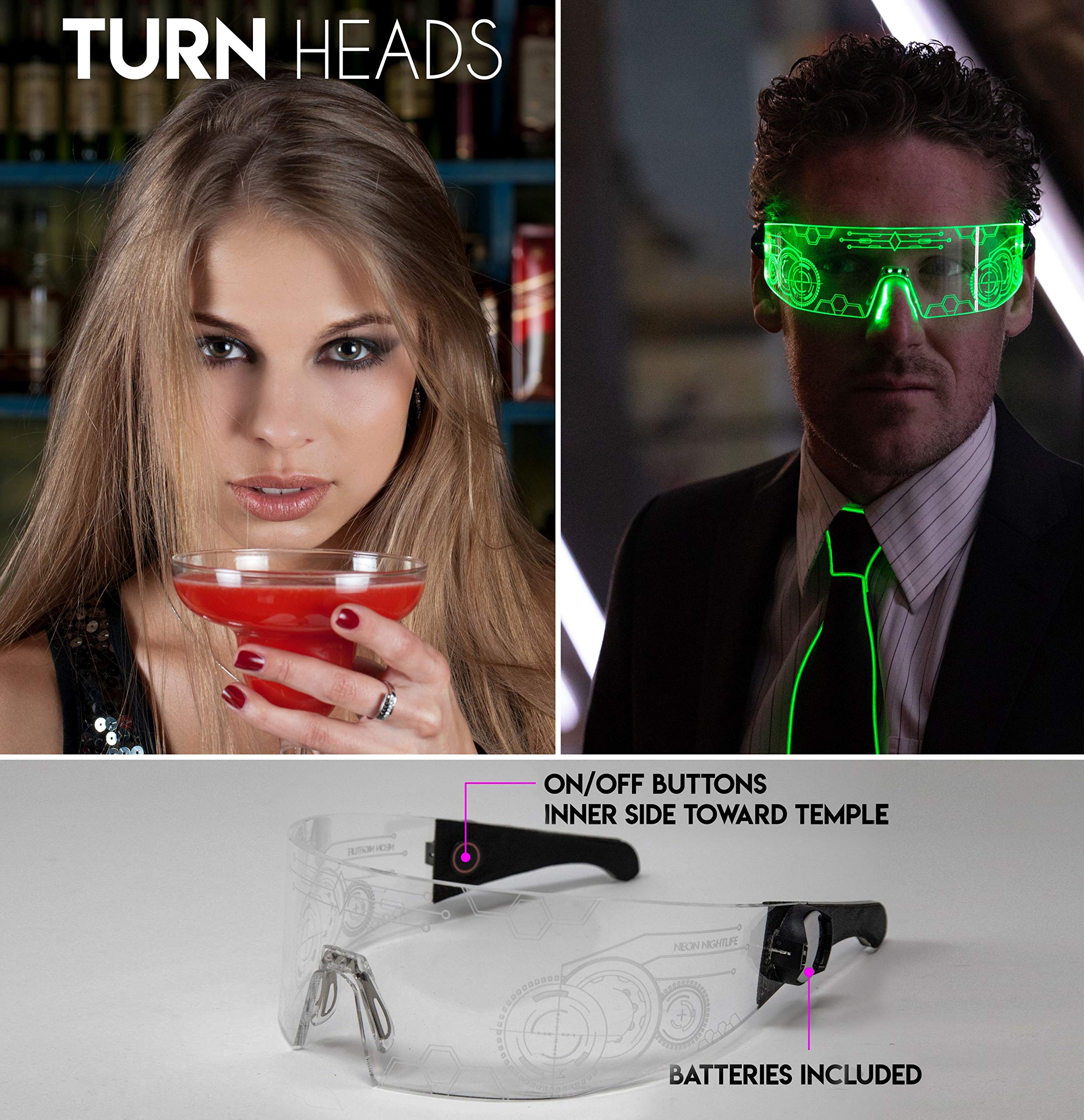 Neon Nightlife LED Light Up Glasses, Cyberpunk Goggles, Rezz Visor