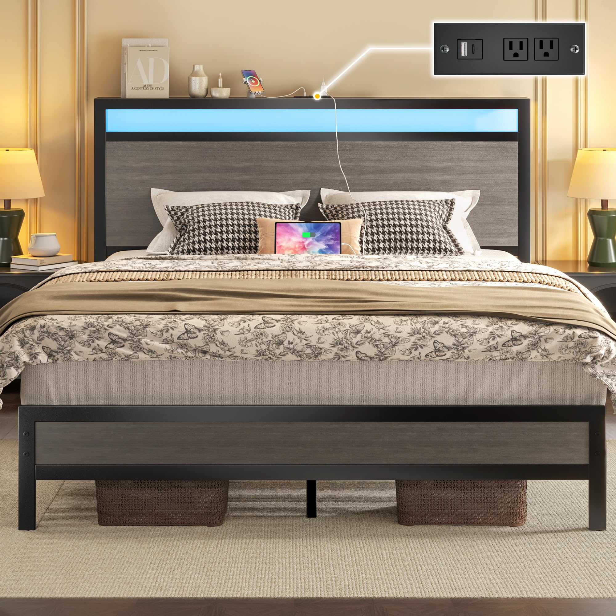 Fluest Queen Bed Frame with Headboard & Footboard, Bed Frame with Built-in Charging Station & LED Light, Storage Shelf, Noise-Free, No Box Spring
