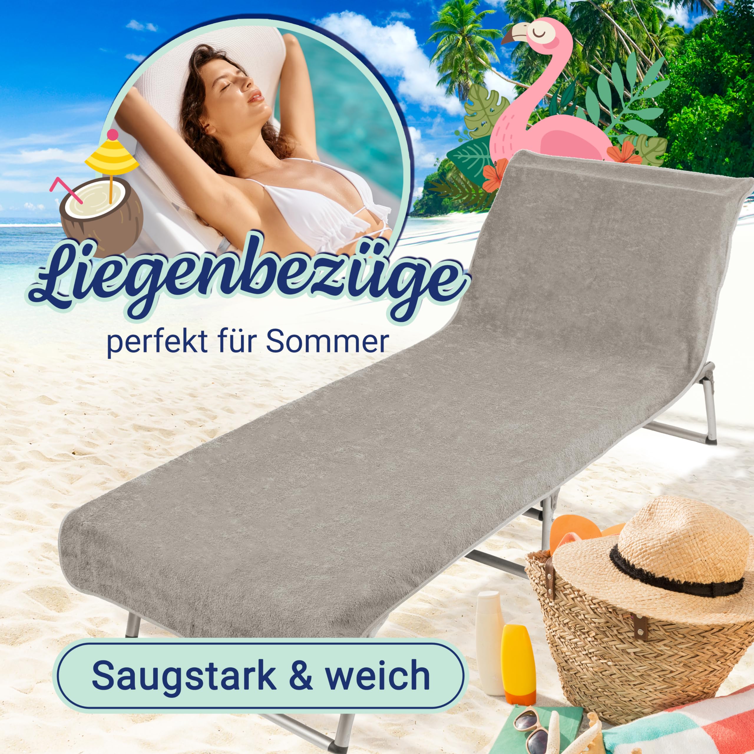 ZOLLNER Schonbezug - weiches und saugstarkes Strandtuch in 75x215 cm - waschbar bis 60°C - Baumwolle in grau - Fester Halt durch eingenähte Kapuze - Oeko Tex® Zertifiziert