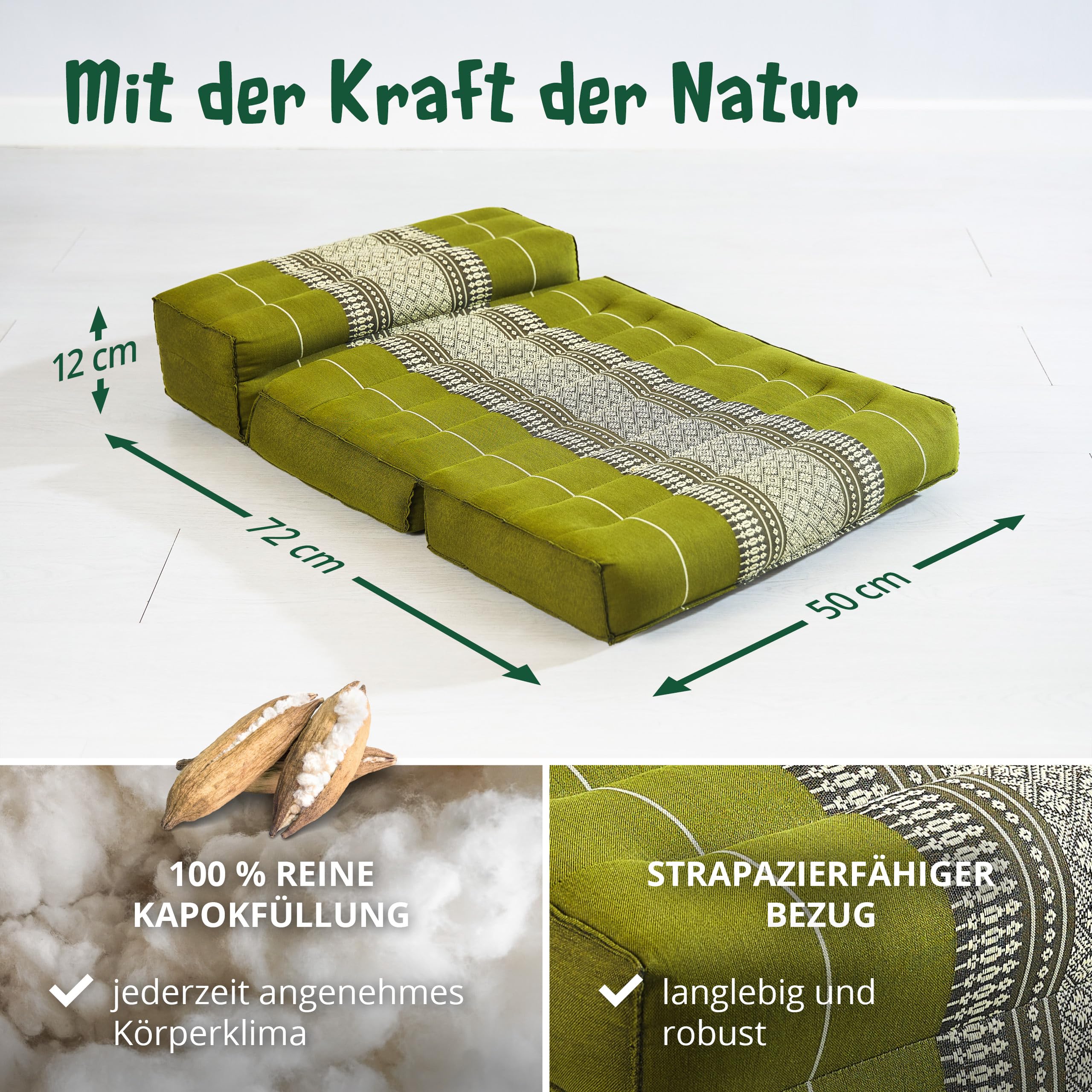 livasia Meditationskissen faltbar - 72x50x12cm - Zafukissen klappbar Zabuton für Yoga und Meditation, Meditationssitz mit Kapok, Sitzkissen Schneidersitz zum Klappen, handgefertigt